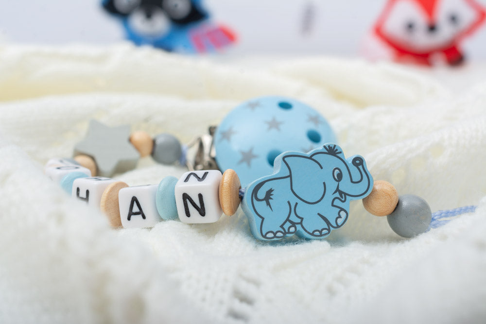 Schnullerkette mit Namen - Elefant, Natur, hellblau
