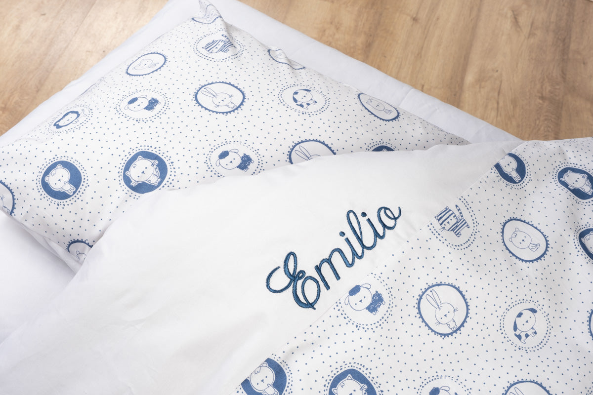Zweiteiliges Bettwäsche-Set für Babys und Kinder-Bestickte Bettwäsche 80x80, Blau-Weiß