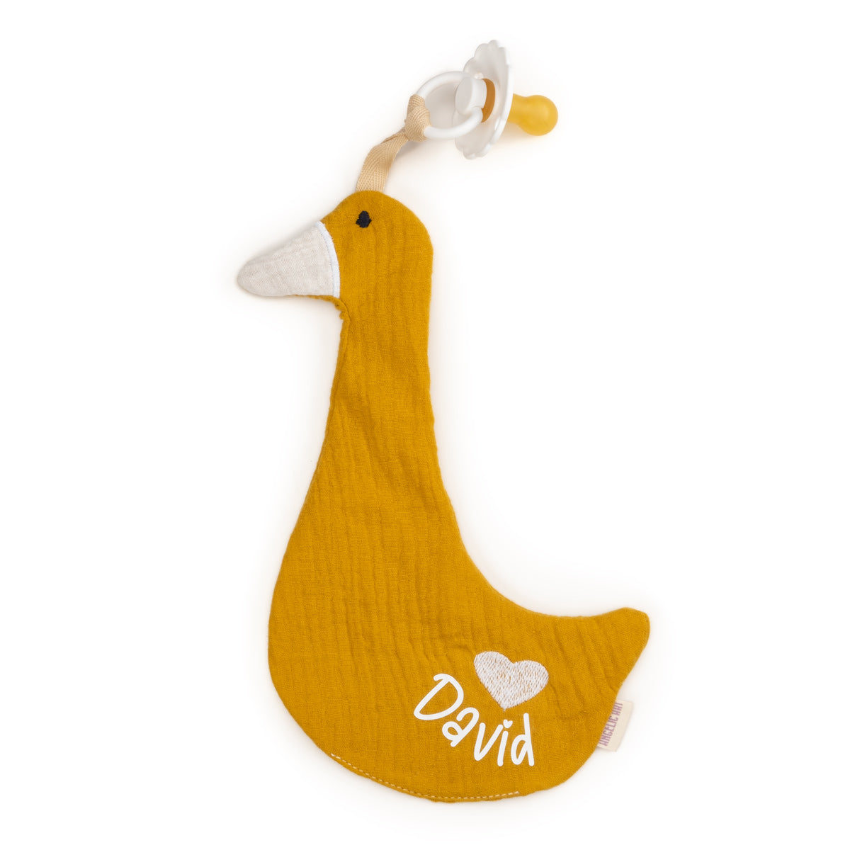 Nuckelkette aus Musselin, Anhänger für Nuckelkette personalisiert mit Wunschnamen, Motiven Ente und Reh. Für Babys, Jungs, Mädchen. (Senfgelb Ente)